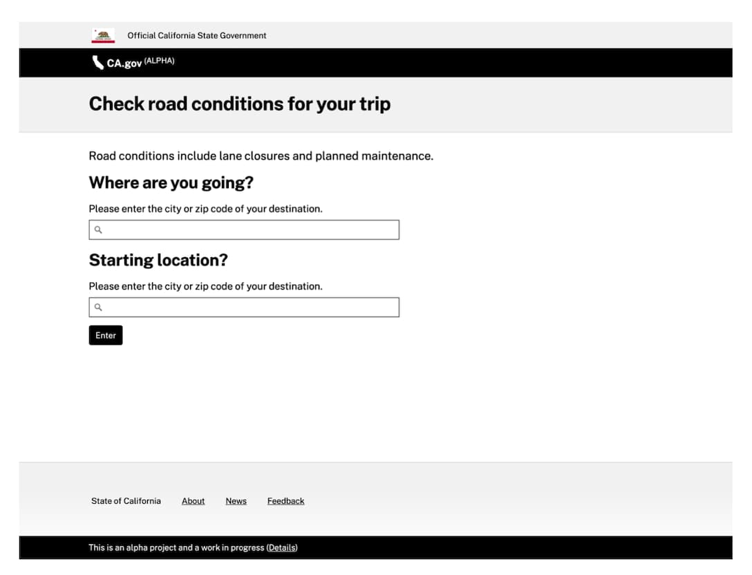 Screenshot of the Alpha.CA.gov design prototype for “Check lane closures for your trip